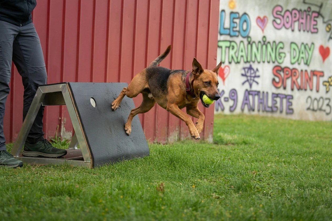 Hund springt mit Ball im Fang über die Flyballbox