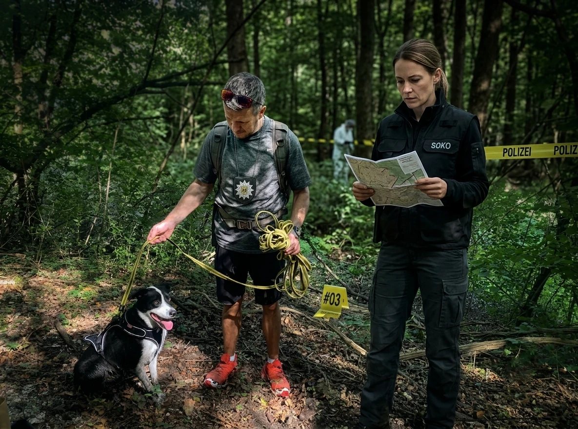 Hundeführer mit Border Collie an einer markierten Fundstelle im Wald